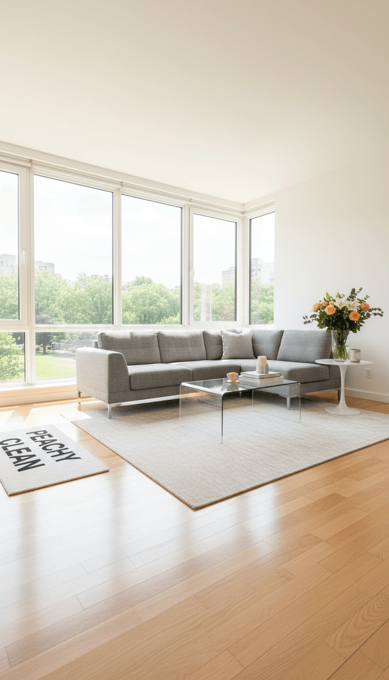 Bright, spotless living room freshly cleaned by Peachy Clean