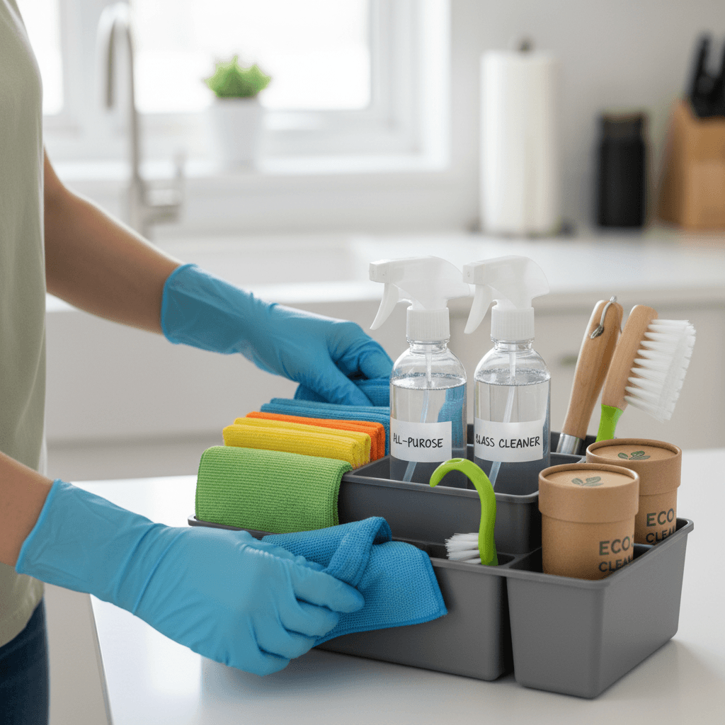 Professional cleaner's hands organizing colorful microfiber cloths and cleaning supplies in portable caddy
